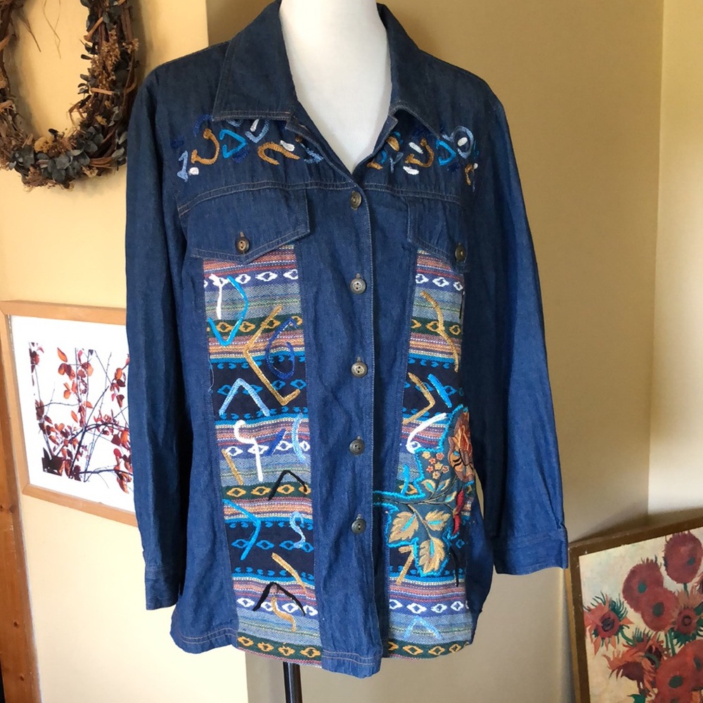 Vintage ALEX KIM Size 1X Embroidery Inserts Denim SHACKET Double-D Ranch Vibes